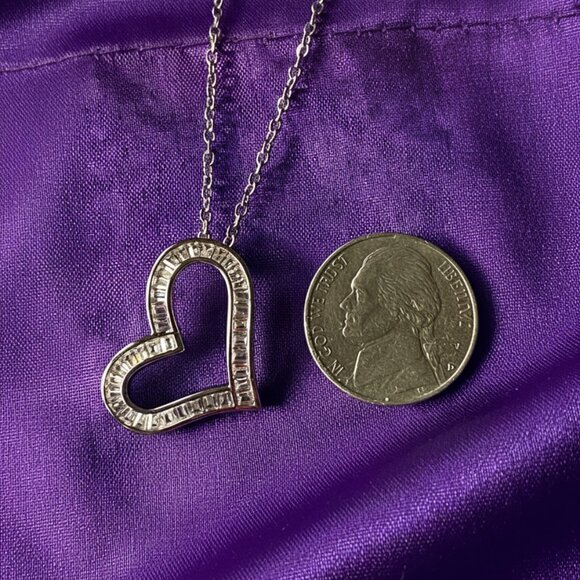 Open Heart Simulated Baguette Moissanite Silver Pendant Necklace NWOT - Picture 4 of 9